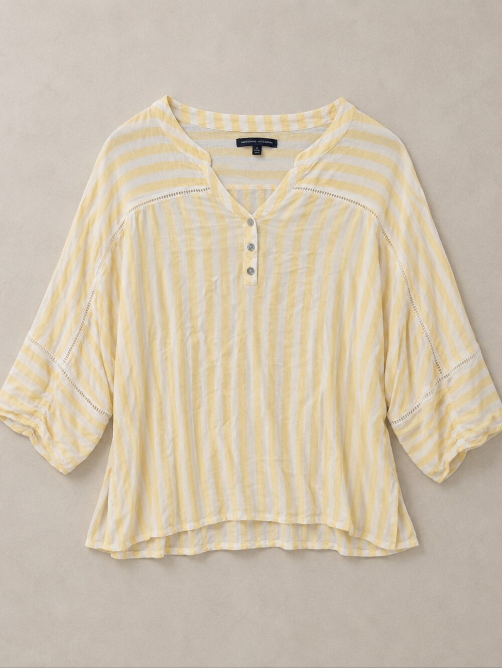 Adrienne Vittadini Blouse Yellow White Stripe Women 2X Boho Henley Peasant Lagen - Picture 2 of 7